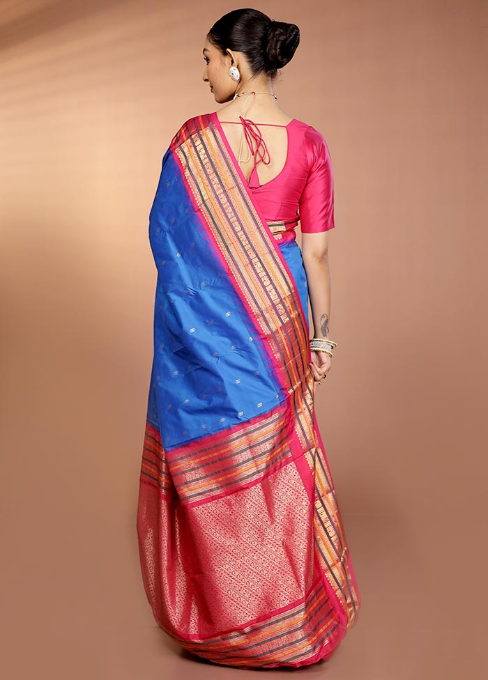 Blue Kanjivaram Silk Saree With Blouse Piece - Image 3