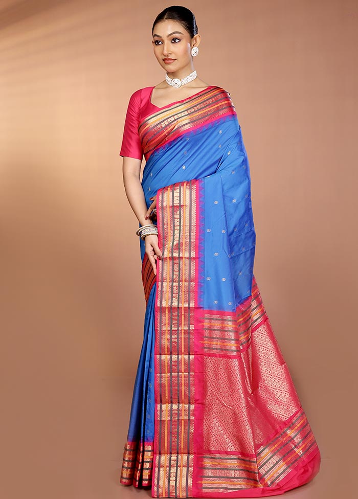 Blue Kanjivaram Silk Saree With Blouse Piece - Image 4