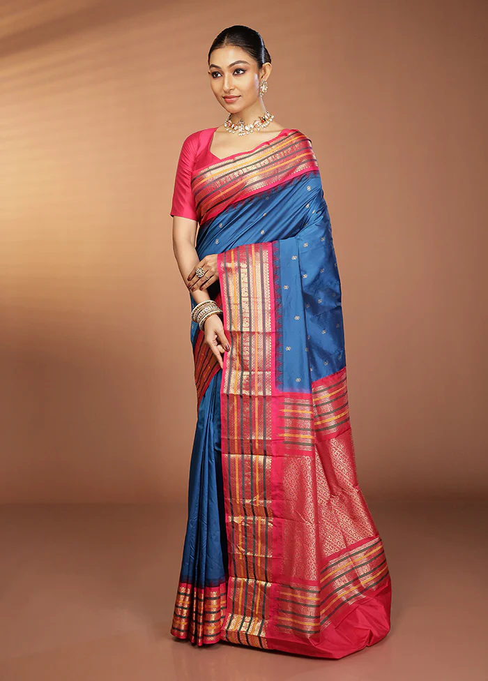 Blue Kanjivaram Silk Saree With Blouse Piece - Image 4