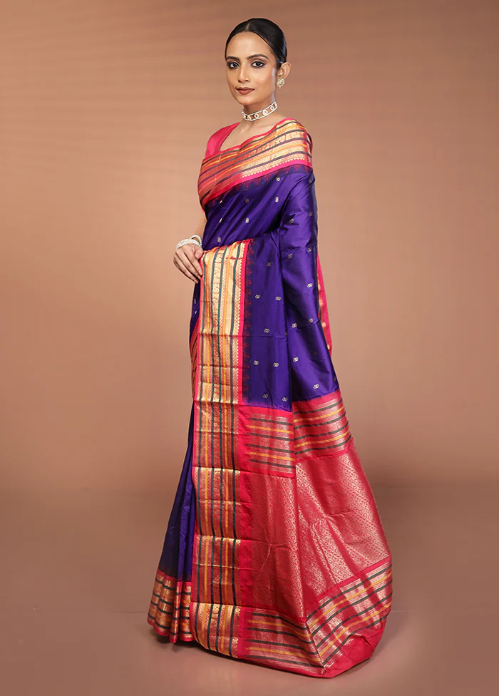 Blue Kanjivaram Silk Saree With Blouse Piece - Image 4