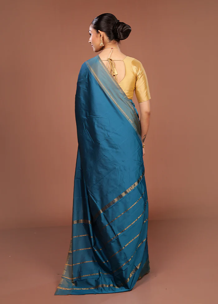Blue Kanjivaram Silk Saree With Blouse Piece - Image 3