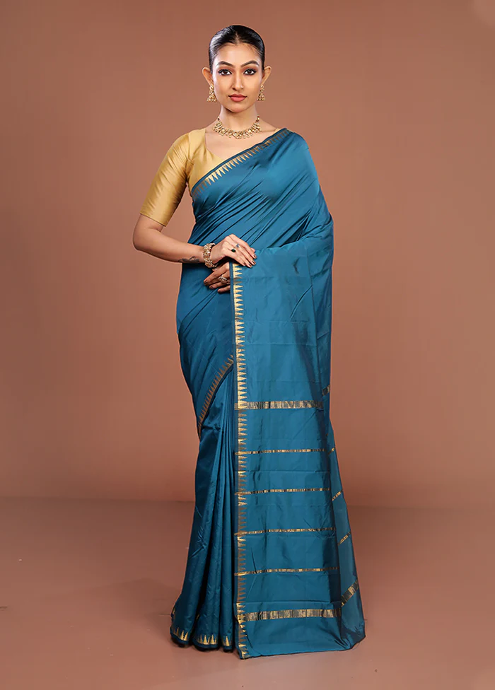 Blue Kanjivaram Silk Saree With Blouse Piece - Image 2
