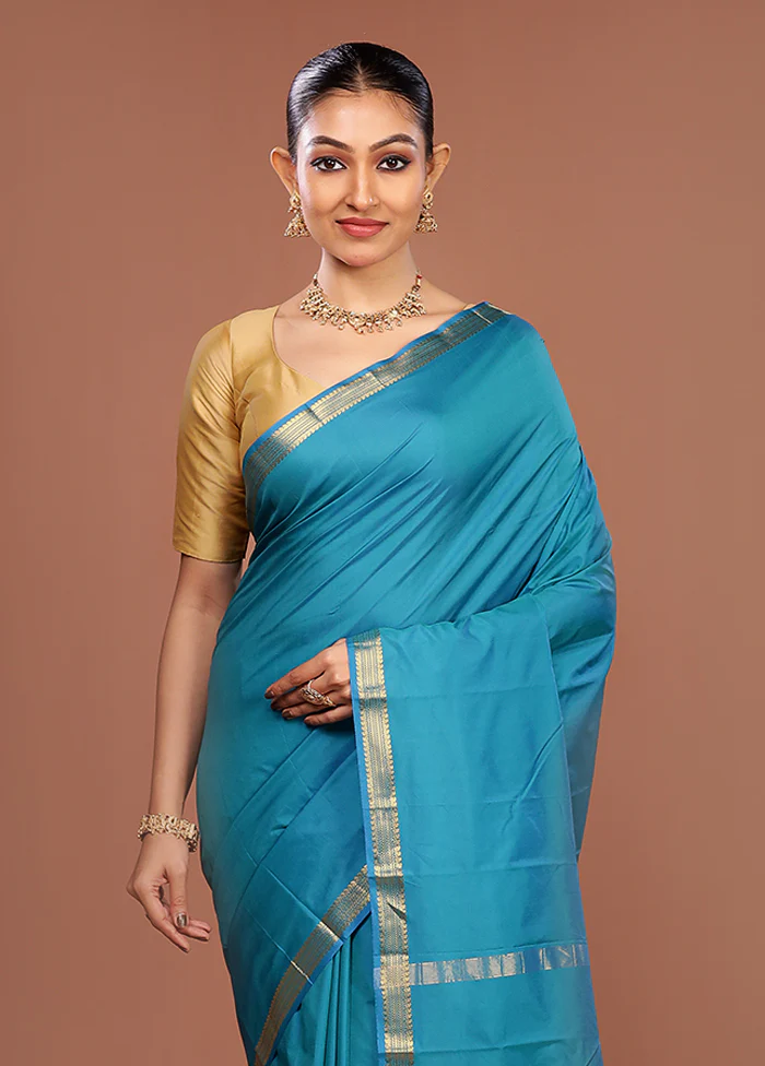 Blue Kanjivaram Silk Saree With Blouse Piece