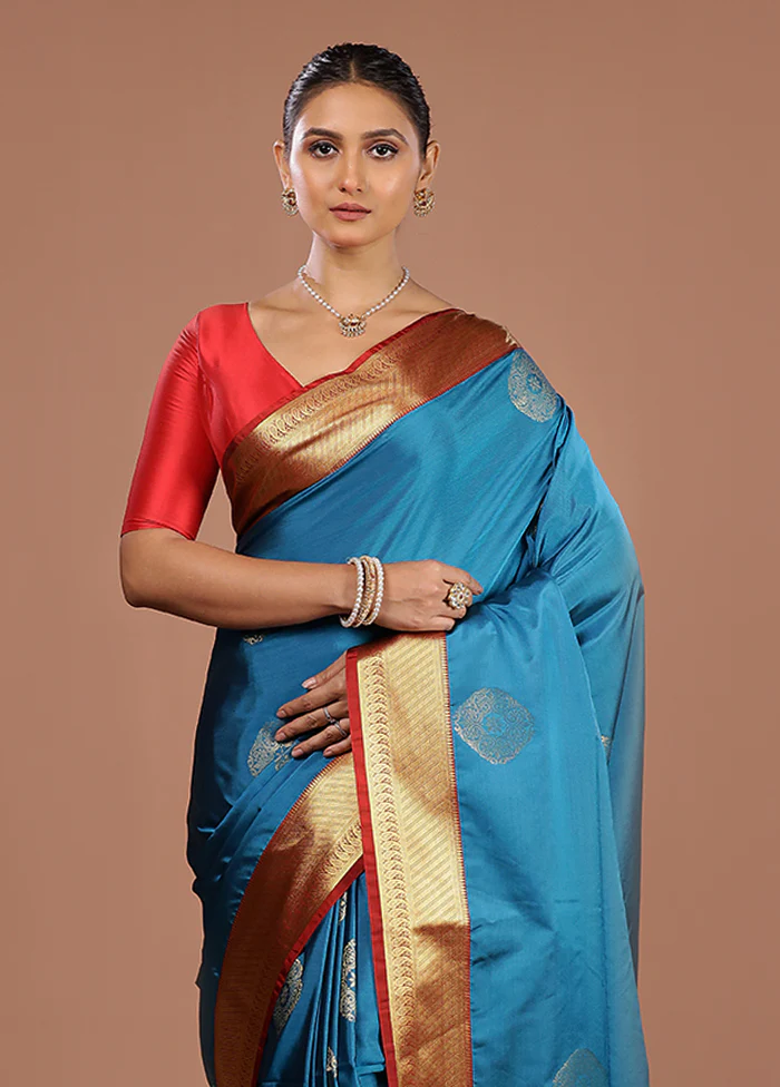 Blue Kanjivaram Silk Saree With Blouse Piece