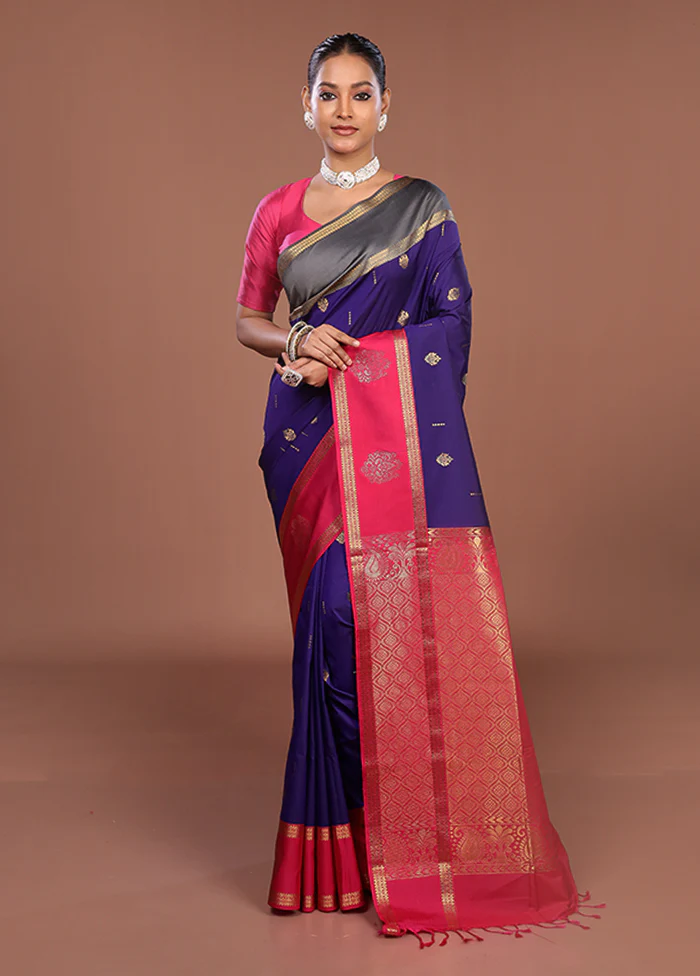 Purple Kanjivaram Silk Saree With Blouse Piece - Image 2