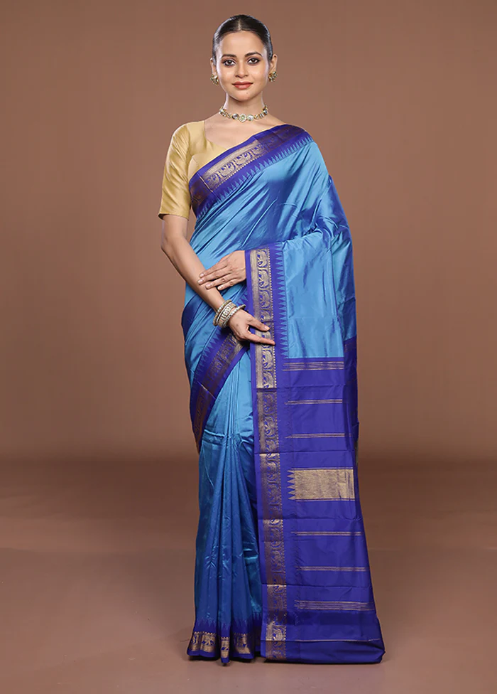 Blue Kanjivaram Silk Saree With Blouse Piece - Image 2
