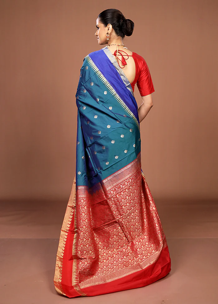 Blue Kanjivaram Silk Saree With Blouse Piece - Image 3
