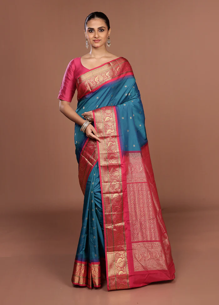 Blue Kanjivaram Silk Saree With Blouse Piece - Image 2