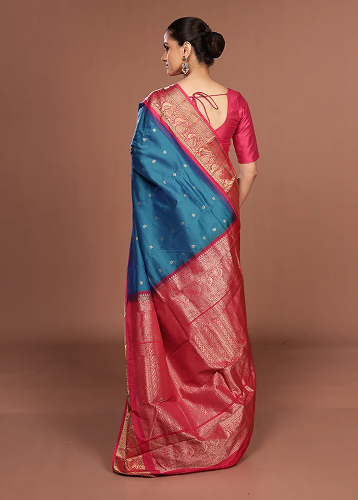 Blue Kanjivaram Silk Saree With Blouse Piece - Image 3