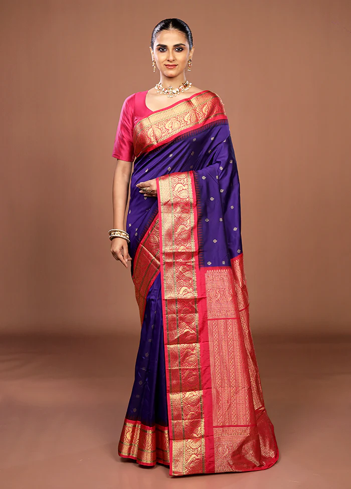 Blue Kanjivaram Silk Saree With Blouse Piece - Image 2