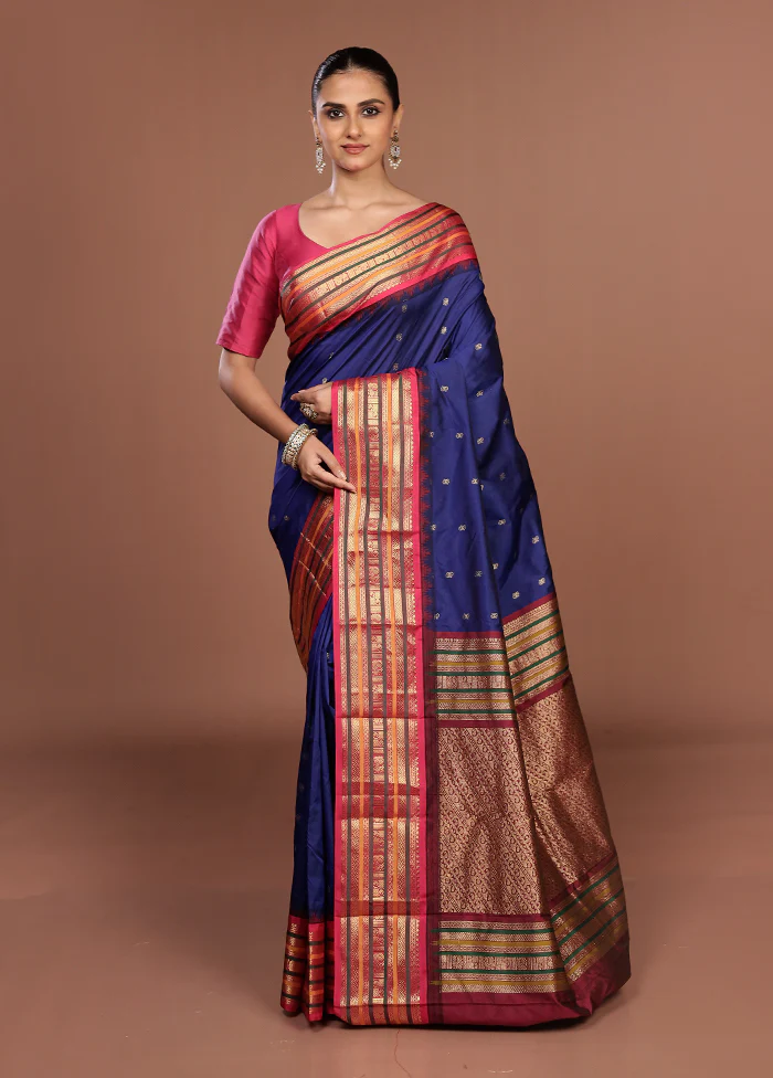 Blue Kanjivaram Silk Saree With Blouse Piece - Image 2