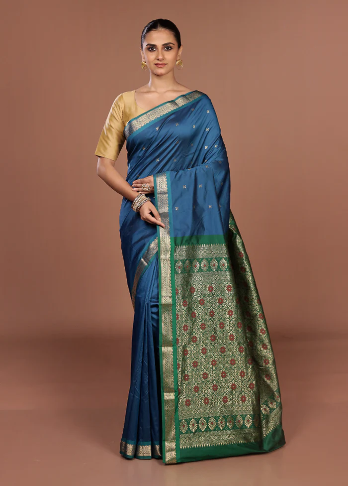 Blue Kanjivaram Silk Saree With Blouse Piece - Image 2