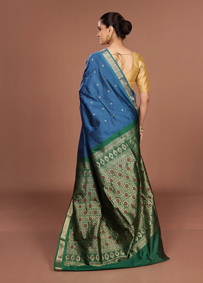 Blue Kanjivaram Silk Saree With Blouse Piece - Image 3