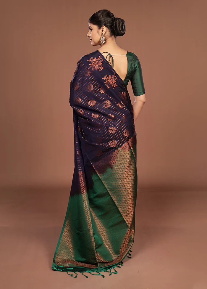 Blue Kanjivaram Silk Saree With Blouse Piece - Image 3