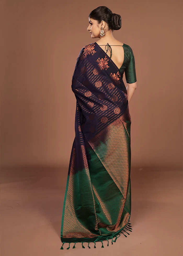 Blue Kanjivaram Silk Saree With Blouse Piece - Image 3