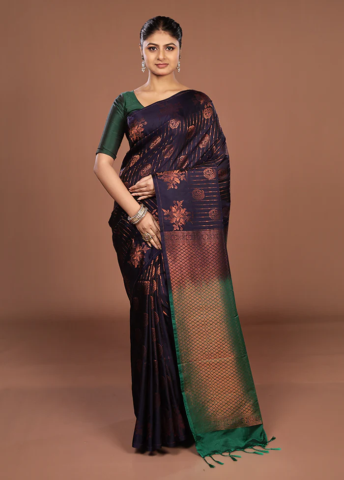 Blue Kanjivaram Silk Saree With Blouse Piece - Image 2