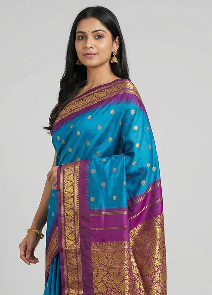 Blue Kanjivaram Silk Saree With Blouse Piece - Image 2