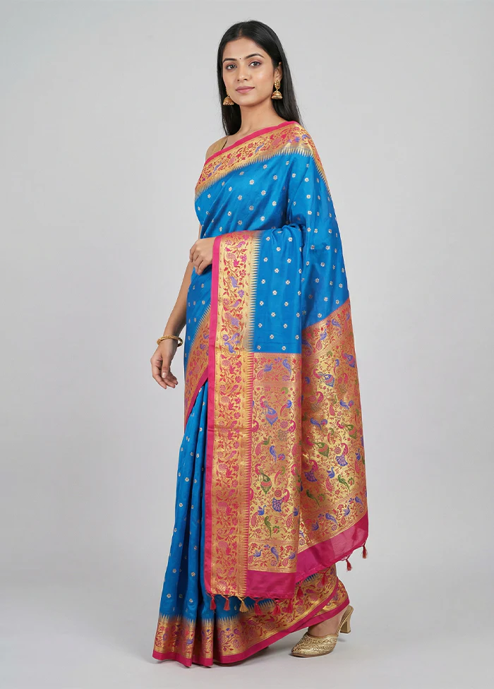 Blue Kanjivaram Silk Saree With Blouse Piece