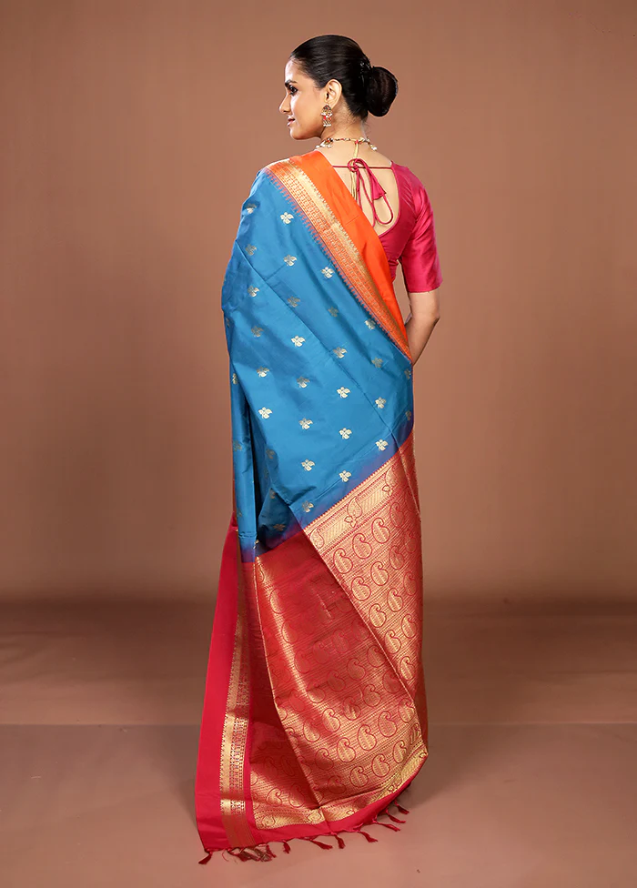 Blue Kanjivaram Silk Saree With Blouse Piece - Image 3