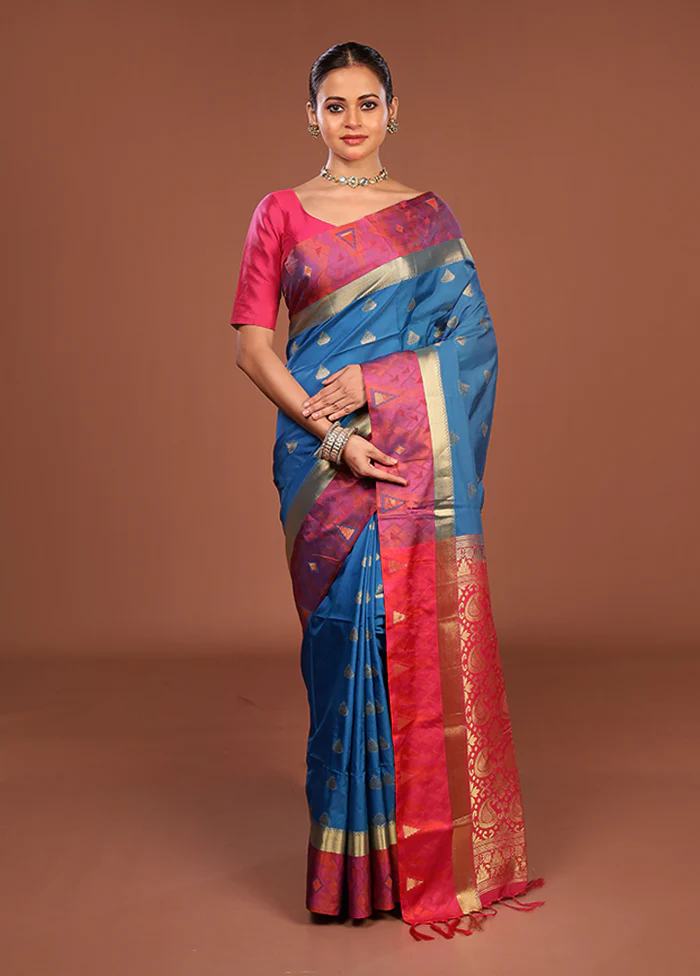 Blue Kanjivaram Silk Saree With Blouse Piece - Image 2