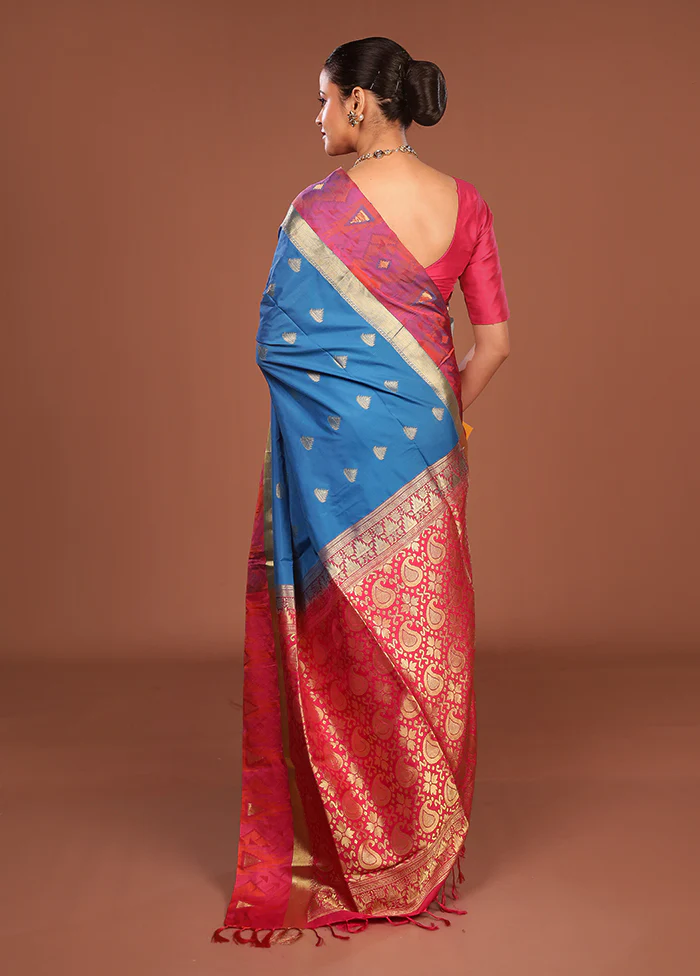 Blue Kanjivaram Silk Saree With Blouse Piece - Image 3