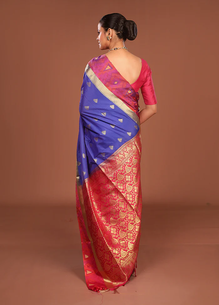 Blue Kanjivaram Silk Saree With Blouse Piece - Image 3