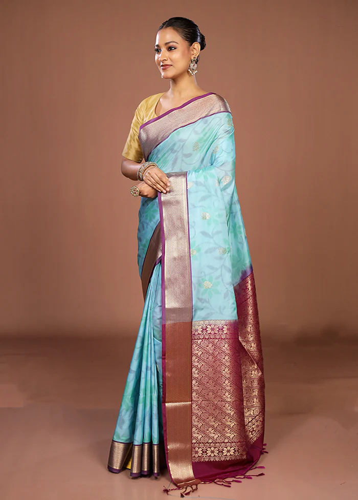 Blue Kanjivaram Silk Saree With Blouse Piece - Image 4