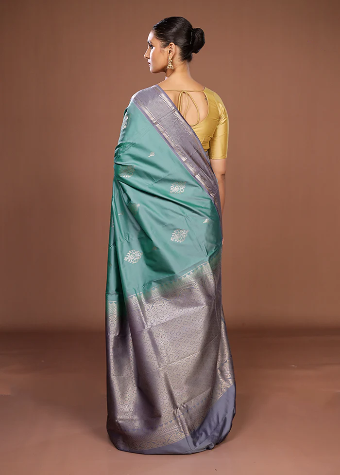 Blue Kanjivaram Silk Saree With Blouse Piece - Image 3