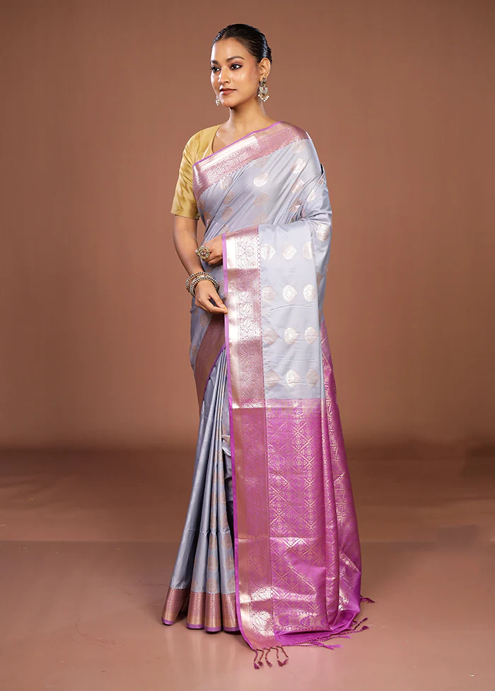 Blue Kanjivaram Silk Saree With Blouse Piece - Image 4