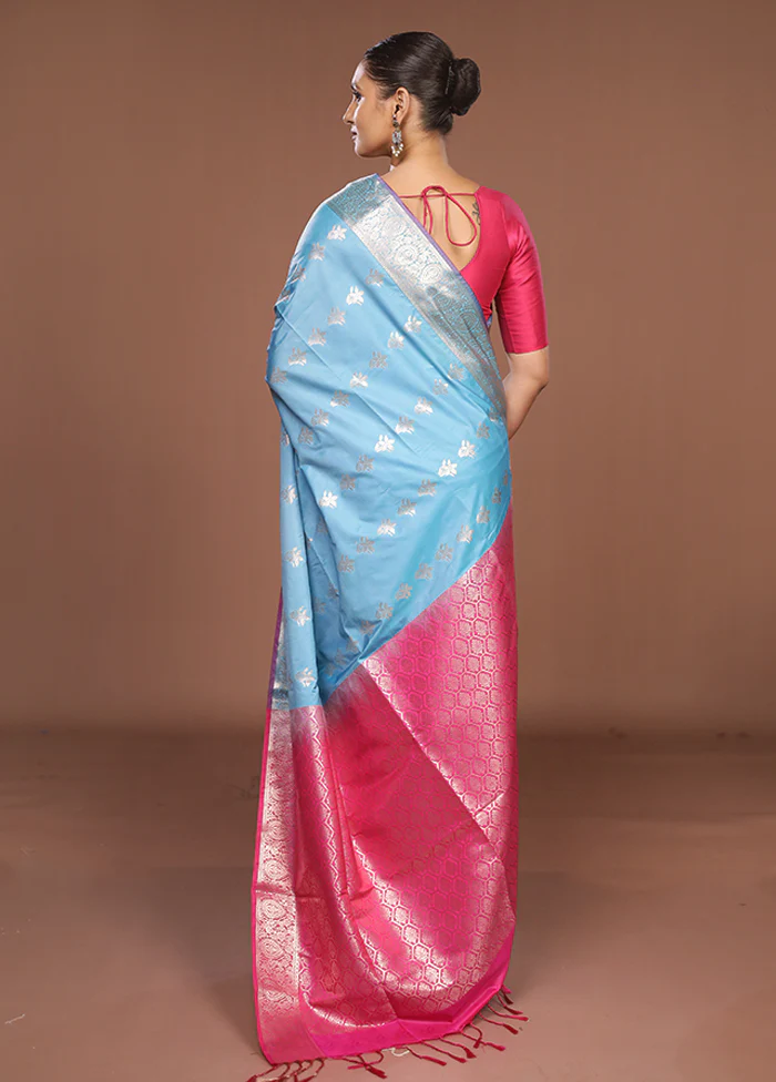 Blue Kanjivaram Silk Saree With Blouse Piece - Image 3