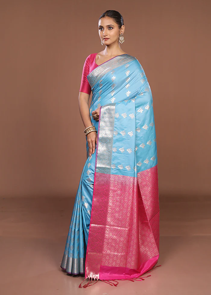 Blue Kanjivaram Silk Saree With Blouse Piece - Image 4