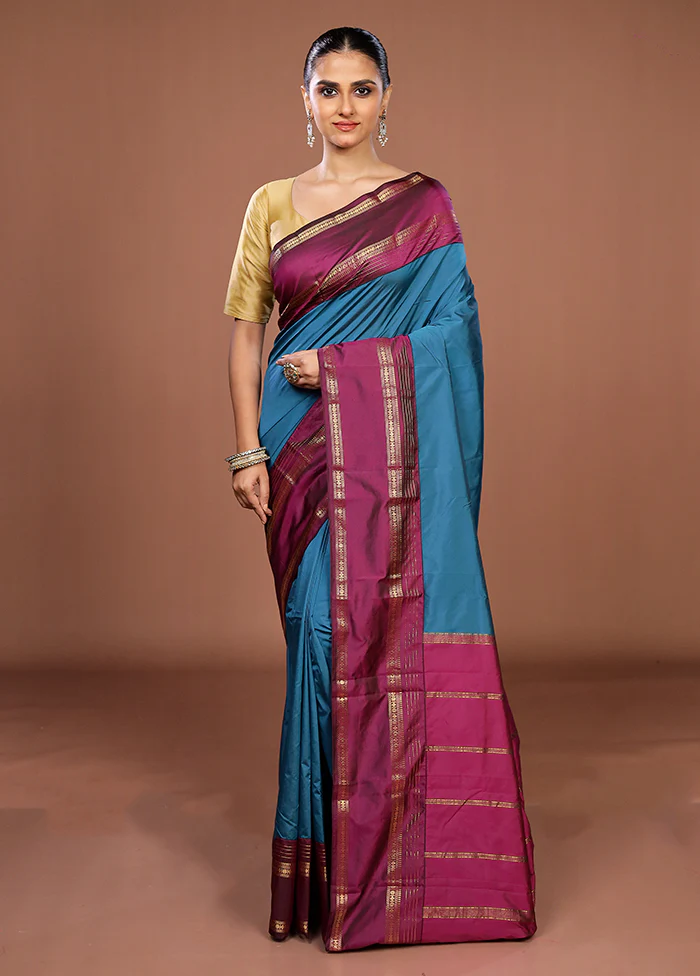 Blue Kanjivaram Silk Saree With Blouse Piece - Image 2