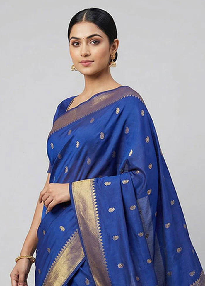Blue Kanjivaram Silk Saree With Blouse Piece - Image 2