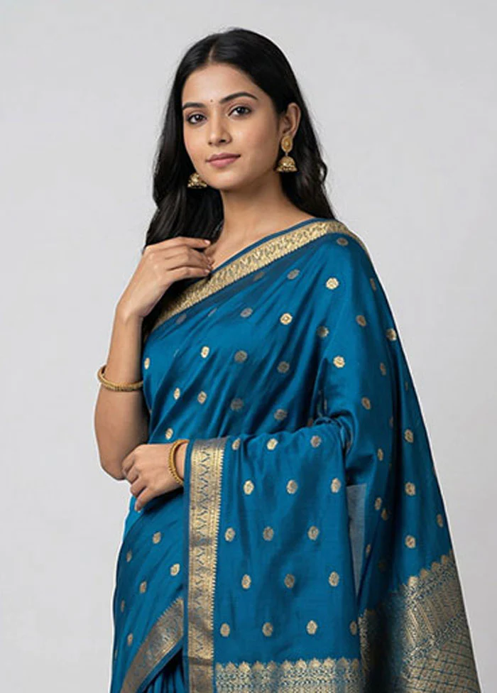 Blue Kanjivaram Silk Saree With Blouse Piece - Image 2