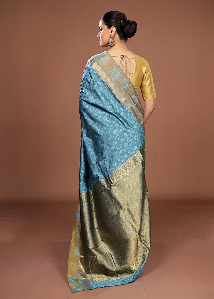 Blue Kanjivaram Silk Saree With Blouse Piece - Image 3