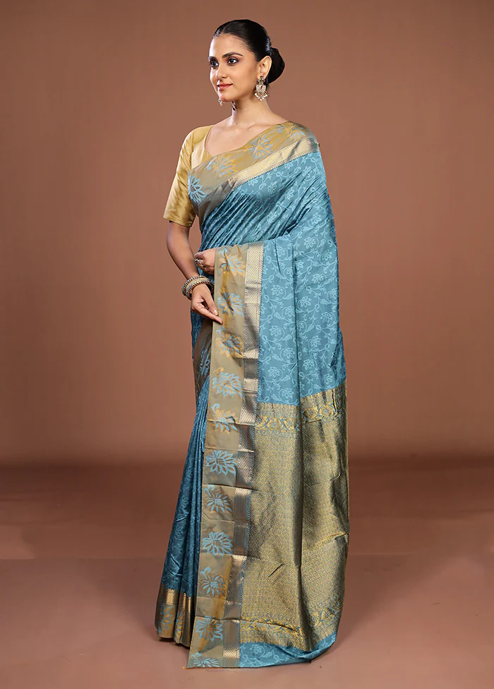 Blue Kanjivaram Silk Saree With Blouse Piece - Image 4
