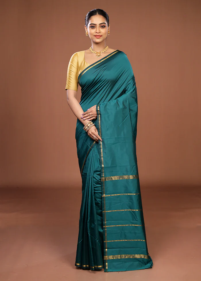 Blue Kanjivaram Silk Saree With Blouse Piece - Image 2