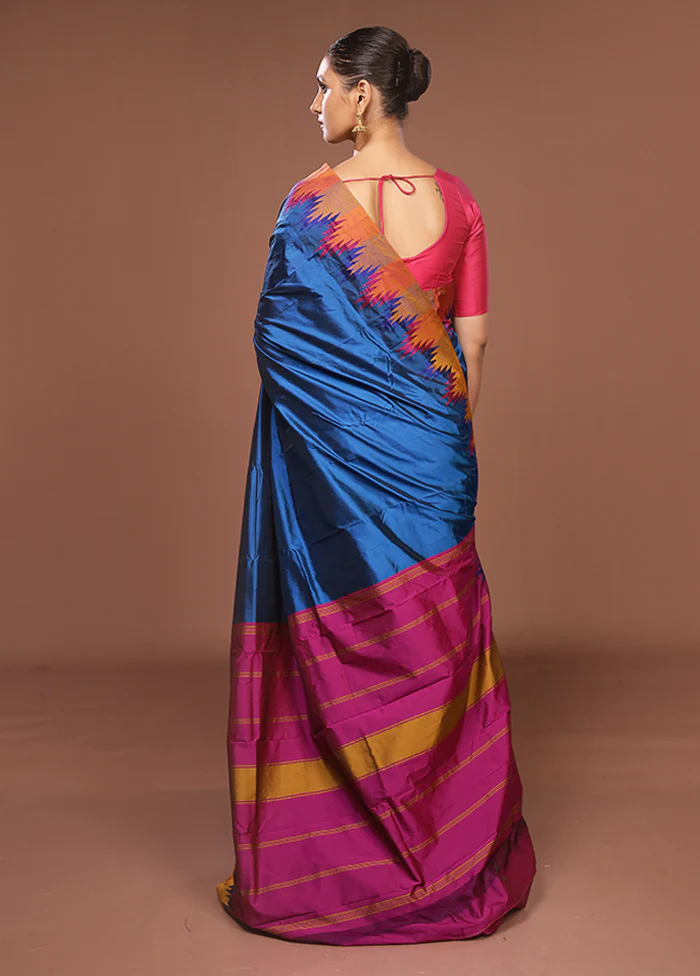Blue Kanjivaram Silk Saree With Blouse Piece - Image 3