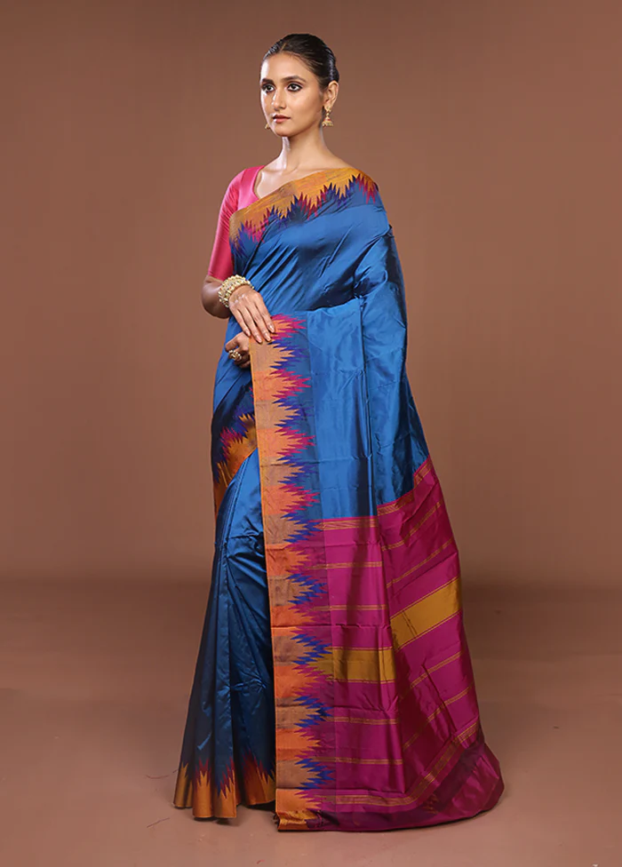 Blue Kanjivaram Silk Saree With Blouse Piece - Image 4