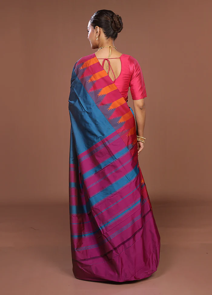 Blue Kanjivaram Silk Saree With Blouse Piece - Image 3