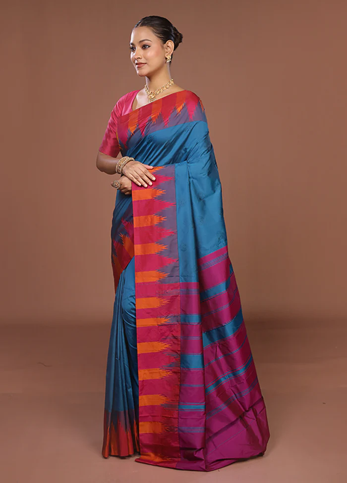 Blue Kanjivaram Silk Saree With Blouse Piece - Image 4