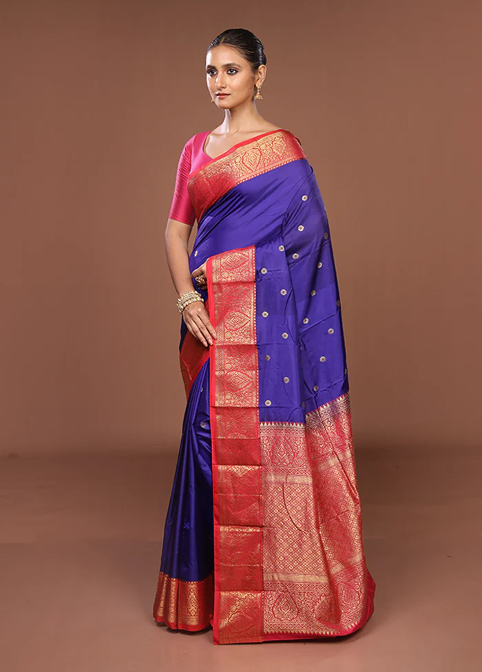 Blue Kanjivaram Silk Saree With Blouse Piece - Image 4