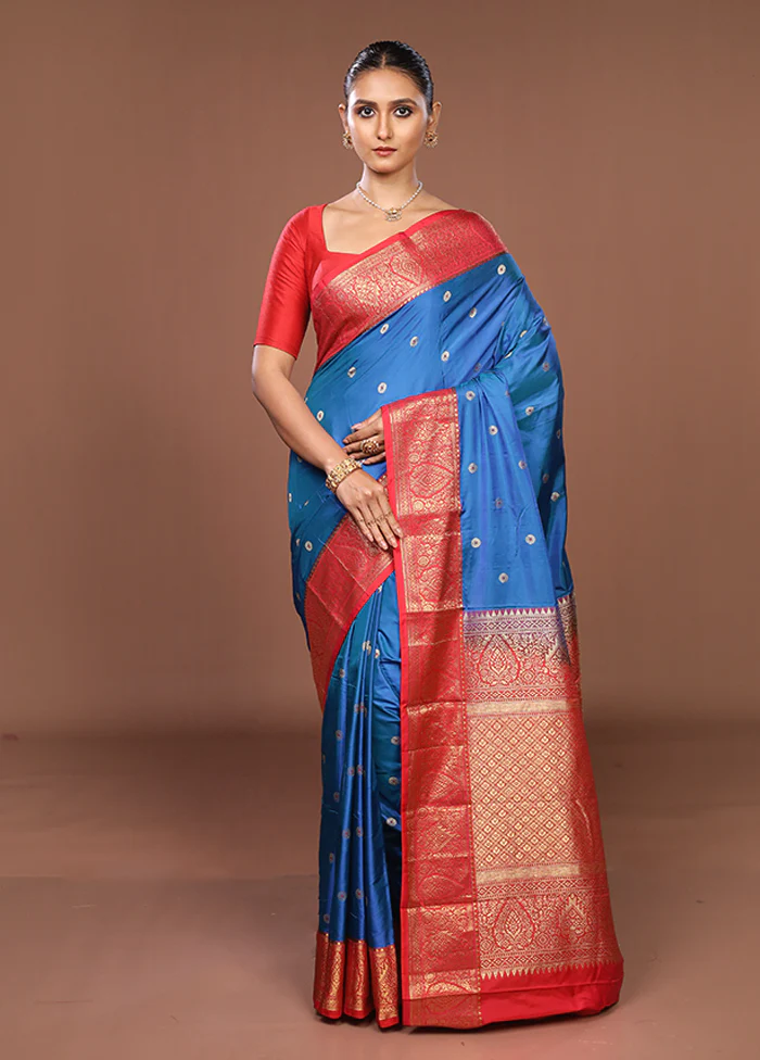 Blue Kanjivaram Silk Saree With Blouse Piece - Image 2