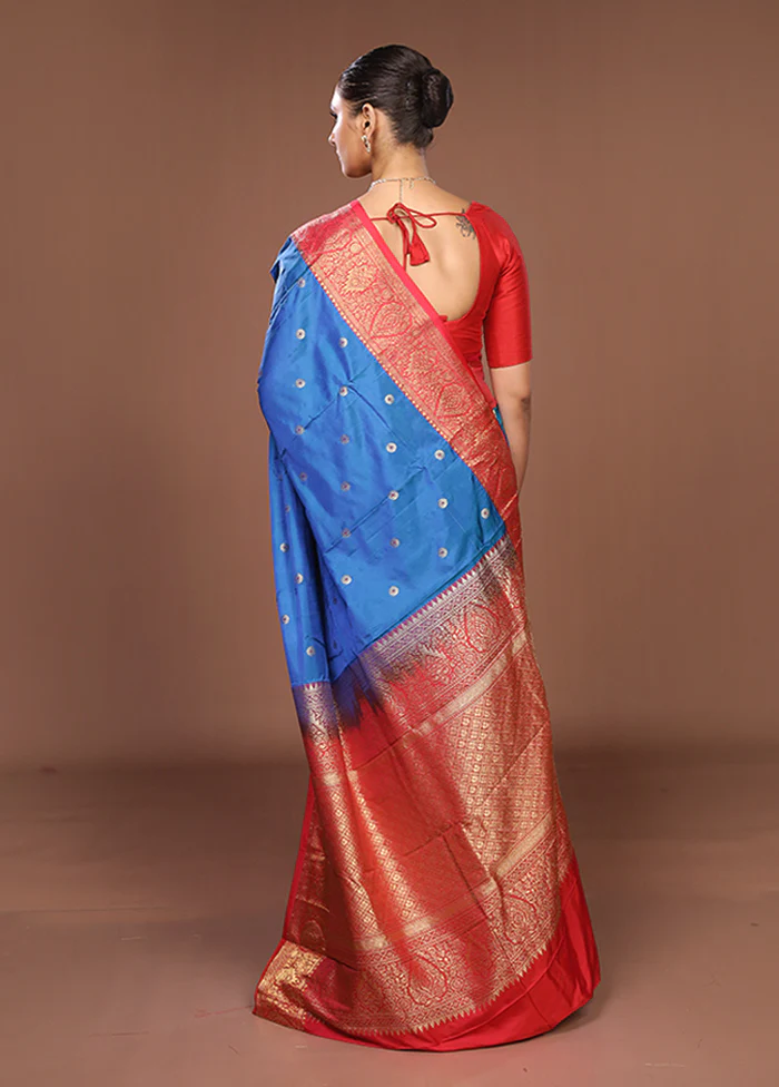 Blue Kanjivaram Silk Saree With Blouse Piece - Image 3