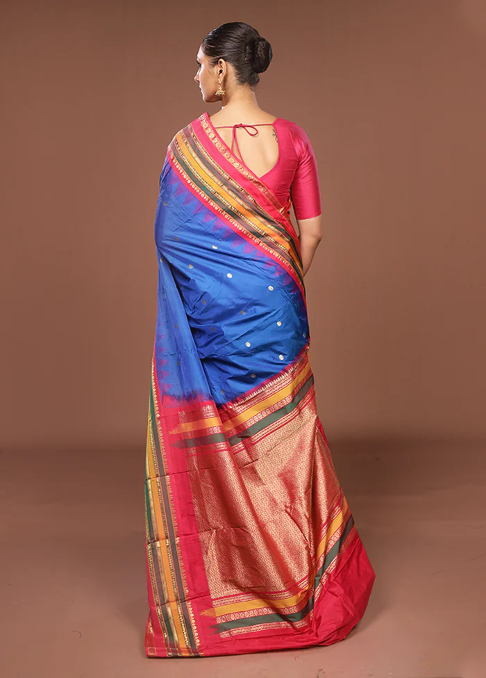 Blue Kanjivaram Silk Saree With Blouse Piece - Image 3