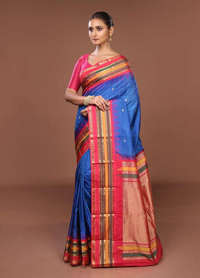 Blue Kanjivaram Silk Saree With Blouse Piece - Image 4