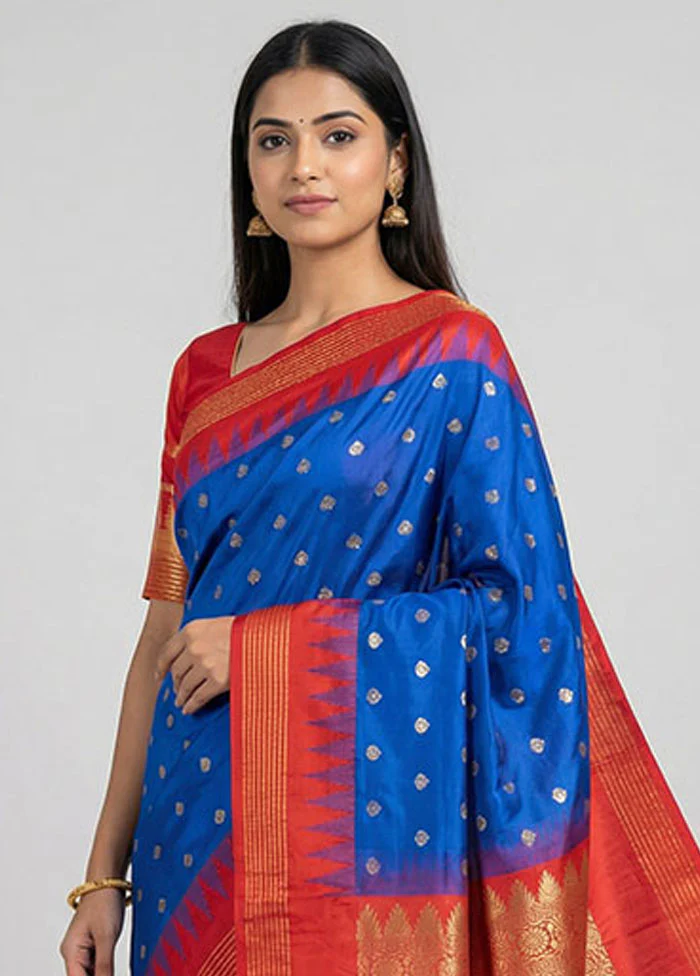 Blue Kanjivaram Silk Saree With Blouse Piece - Image 2