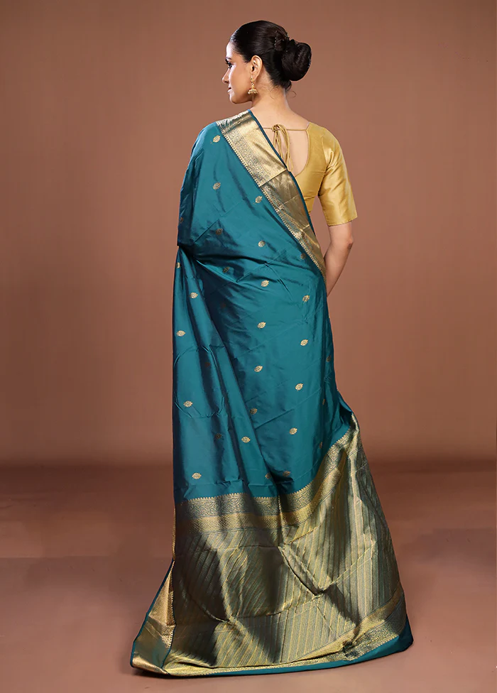 Blue Kanjivaram Silk Saree With Blouse Piece - Image 3