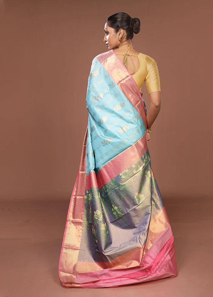 Blue Kanjivaram Silk Saree With Blouse Piece - Image 3