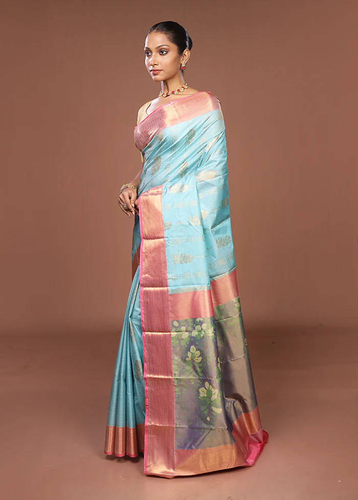 Blue Kanjivaram Silk Saree With Blouse Piece - Image 4